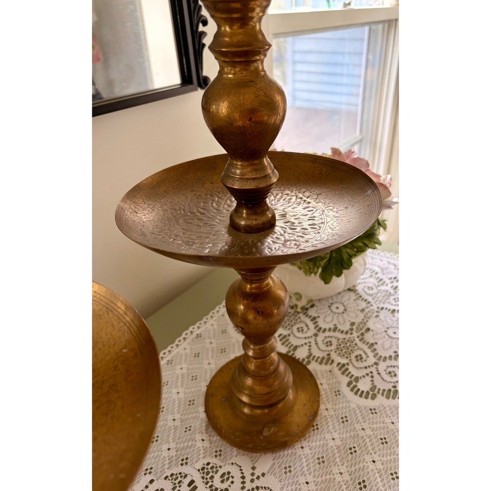 Pair of Vintage Brass Floor Candlesticks | Tall Ornate Candle Holders - Picture 5 of 7